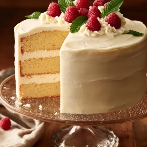 Delicious buttermilk cake with a smooth buttercream frosting on top.