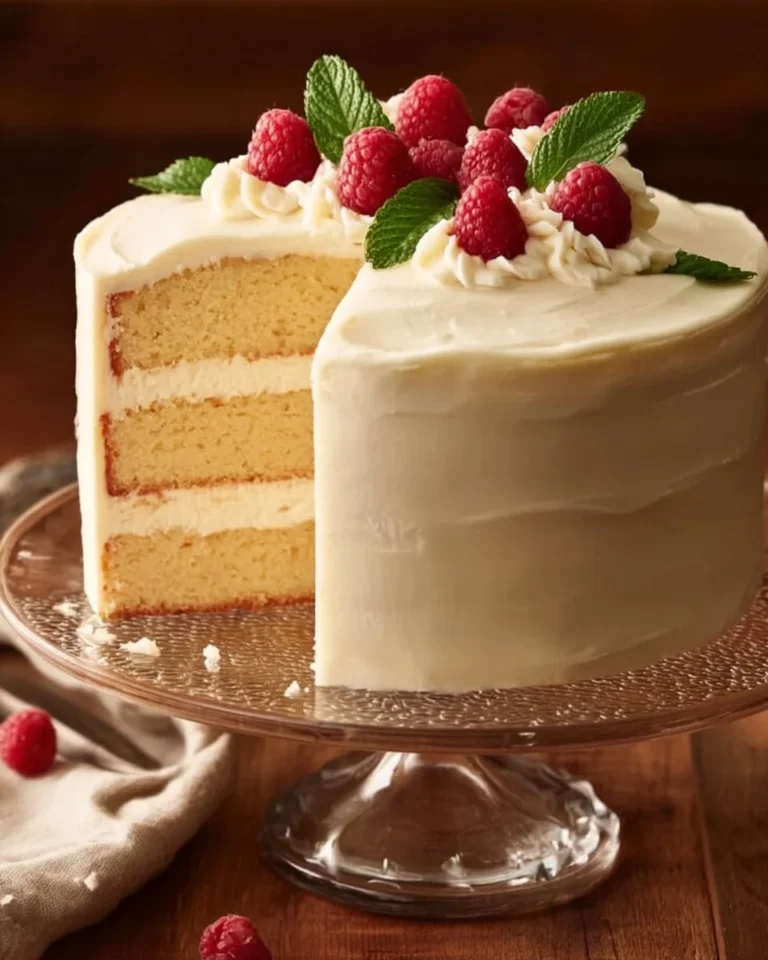 Delicious buttermilk cake with a smooth buttercream frosting on top.