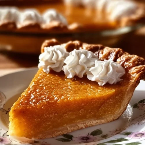 Slice of buttermilk sweet potato pie topped with whipped cream