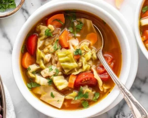 Bowl of healthy cabbage soup with carrots and onions, perfect for comfort food.
