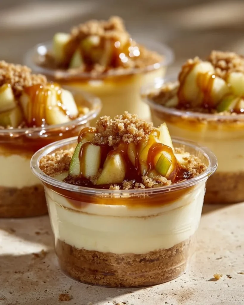 Caramel apple dessert cups topped with whipped cream and caramel drizzle