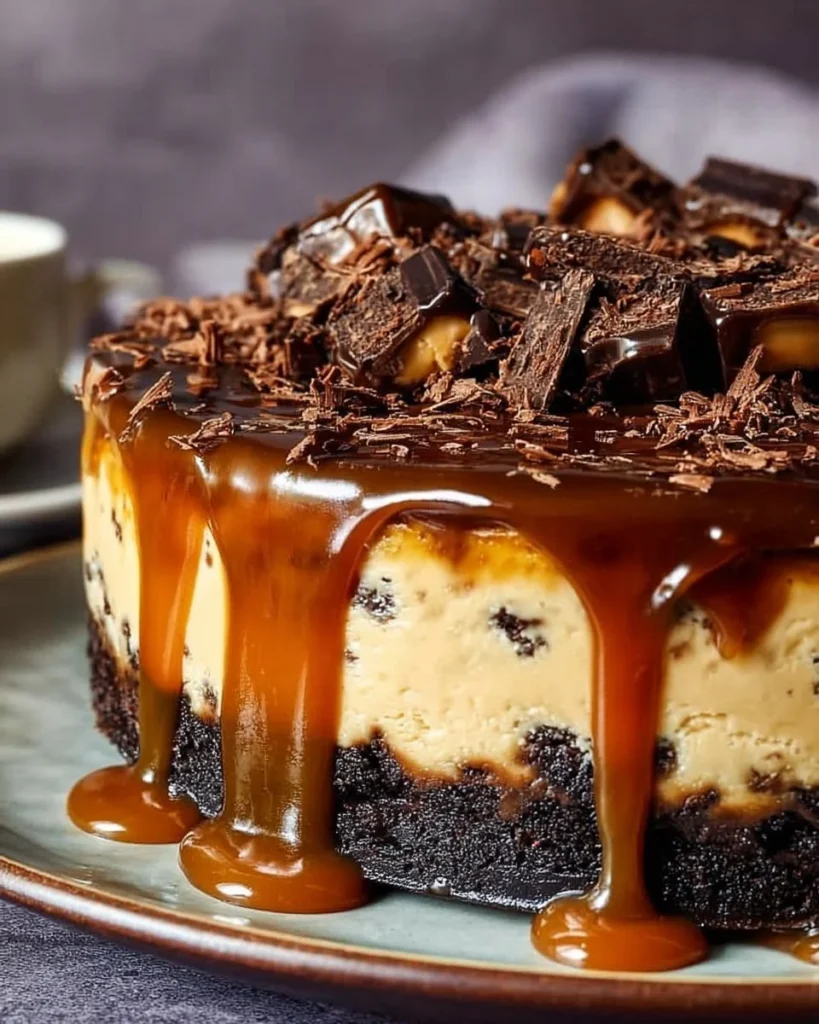 Delicious caramel brownie cheesecake topped with rich caramel sauce.