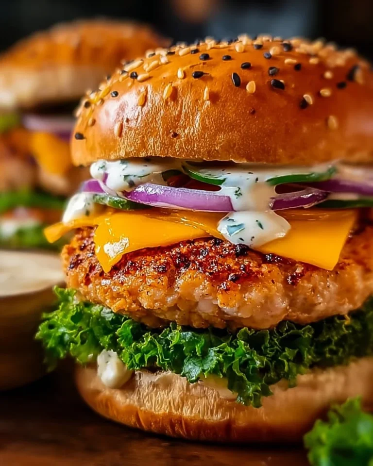 Delicious Cheddar Ranch Chicken Burger topped with cheese and ranch dressing