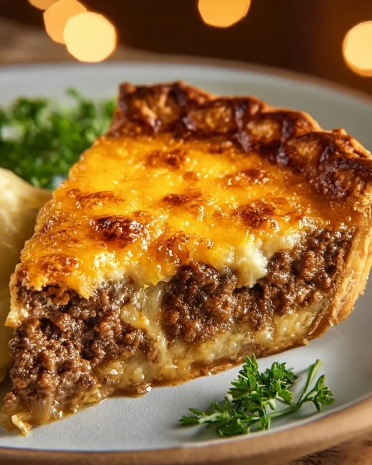 Delicious cheeseburger pie served on a plate with fresh toppings