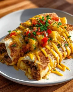 Cheesy beef burritos with potatoes and nacho drizzle served on a plate