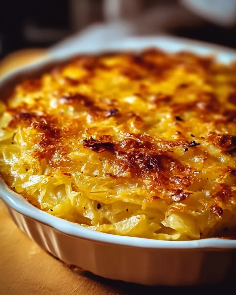 Cheesy cabbage casserole baked in a dish, topped with cheese and herbs.