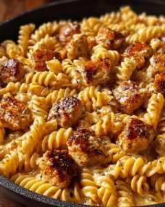 Cheesy Cajun Garlic Chicken Rotini Skillet with herbs and spices
