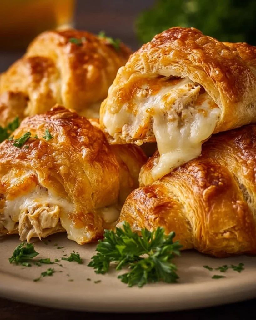 Cheesy chicken crescent rolls baked to perfection on a platter