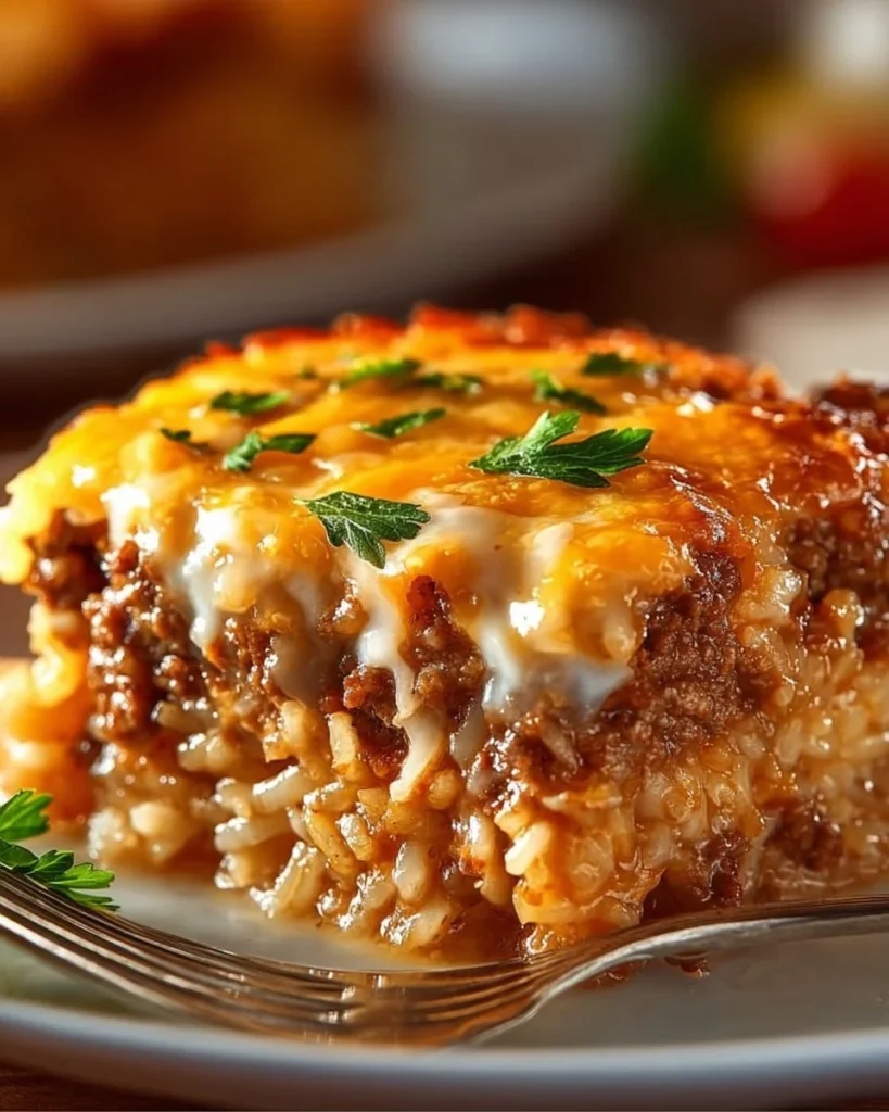 Cheesy ground beef and rice casserole topped with melted cheese in a baking dish.