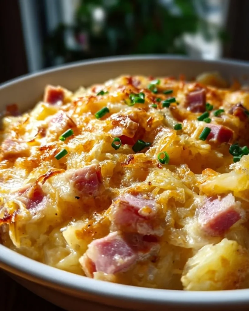 Cheesy ham and potato casserole served in a baking dish with fresh herbs on top
