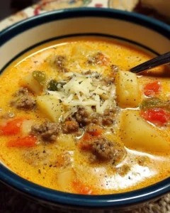 Bowl of Cheesy Hamburger Potato Soup garnished with herbs