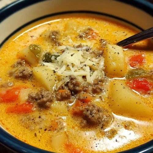 Bowl of Cheesy Hamburger Potato Soup garnished with herbs