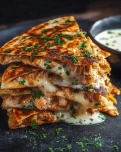 Cheesy hot honey chicken quesadillas with spicy jalapeño cream sauce plated and ready to eat.