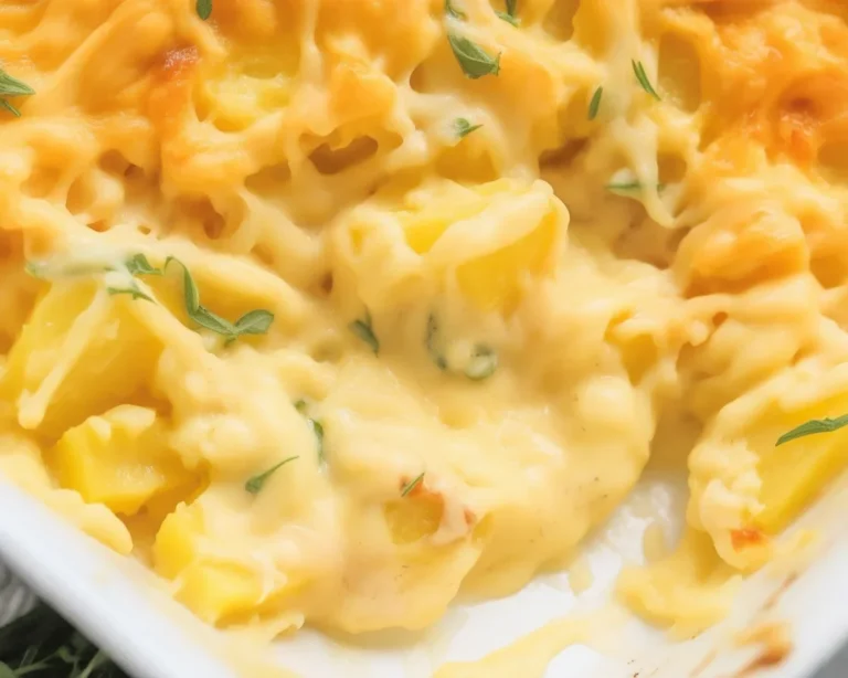 Delicious cheesy potato casserole topped with crispy layers of cheese and baked to perfection.