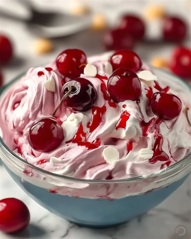 Delicious Cherry Cheesecake Fluff dessert in a bowl