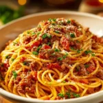 A delicious plate of Chicago Spaghetti with rich sauce and fresh ingredients.