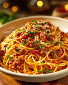A delicious plate of Chicago Spaghetti with rich sauce and fresh ingredients.
