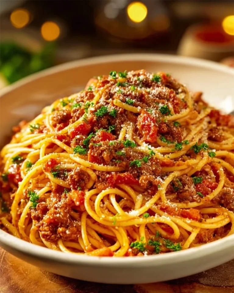 A delicious plate of Chicago Spaghetti with rich sauce and fresh ingredients.
