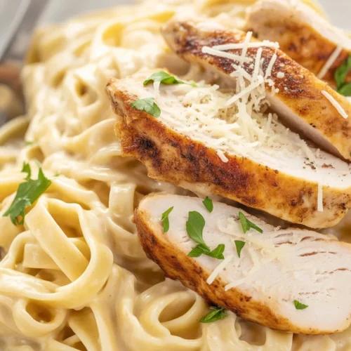 Delicious homemade chicken alfredo pasta with creamy sauce and golden chicken breast