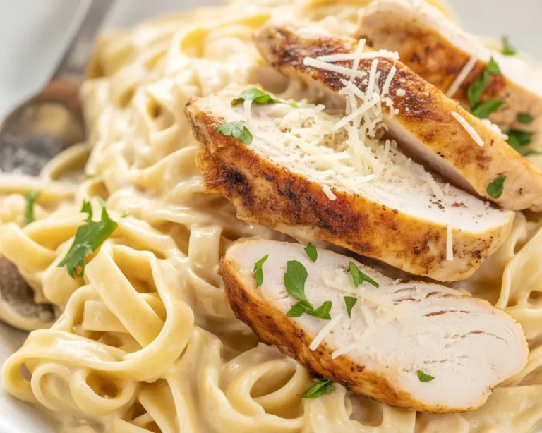 Delicious homemade chicken alfredo pasta with creamy sauce and golden chicken breast