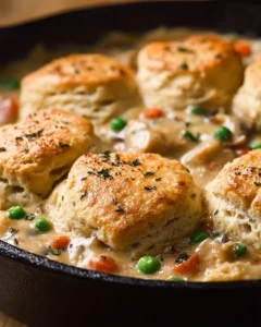 Savory Chicken Biscuit Skillet topped with flaky biscuits and seasoned chicken