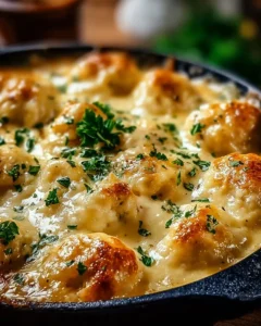 Baked chicken and dumpling casserole topped with golden dumplings and herbs.