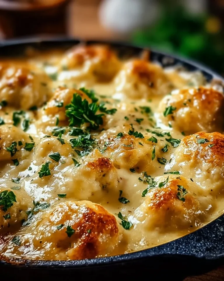 Baked chicken and dumpling casserole topped with golden dumplings and herbs.