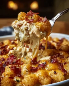 Delicious Chicken Bacon Crunch Casserole topped with crispy bacon and crunchy ingredients