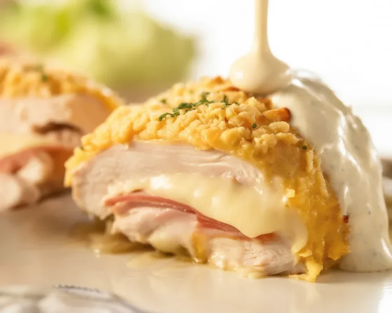 Delicious Chicken Cordon Bleu with crispy coating and melted Swiss cheese