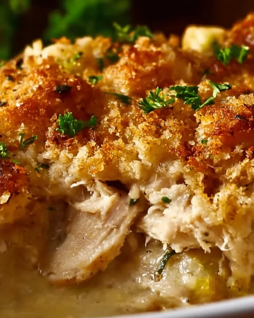 Delicious Chicken Casserole with dressing served in a baking dish