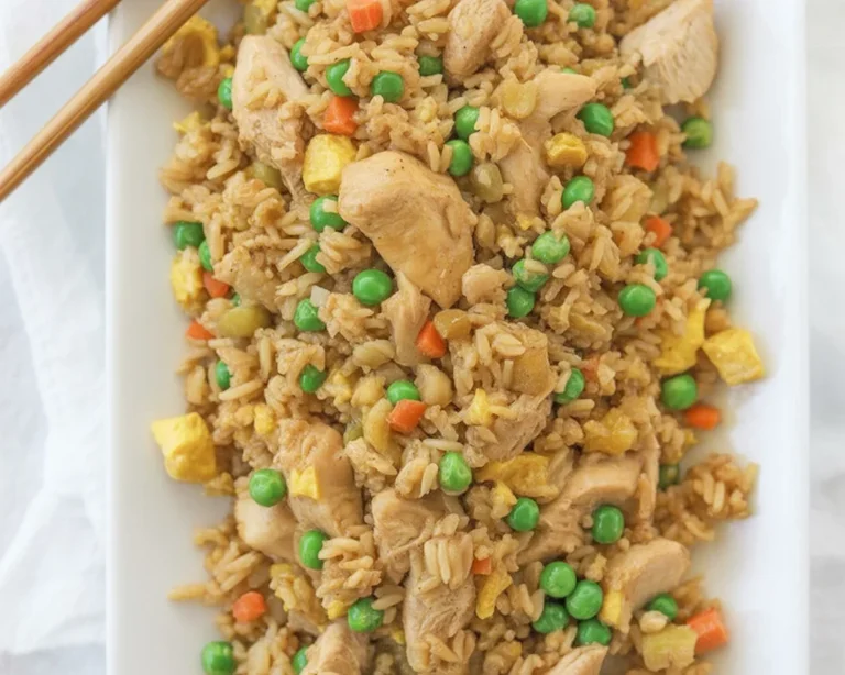 Delicious chicken fried rice recipe with chicken, vegetables, and fluffy egg.