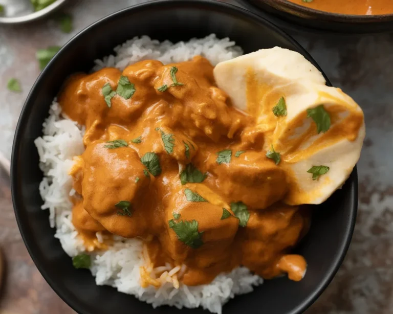 Delicious chicken tikka masala served with fragrant rice and naan.