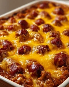 Delicious Chili Cheese Dog Casserole topped with cheese and chili