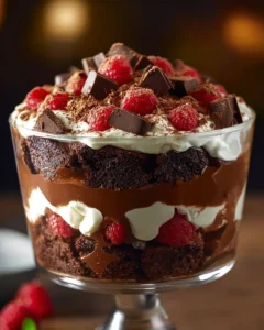 Layered Chocolate Brownie Trifle with cream and chocolate sauce