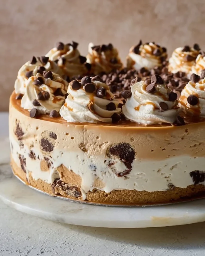 A delicious chocolate chip cookie dough ice cream cake topped with cookie dough chunks and chocolate drizzle.