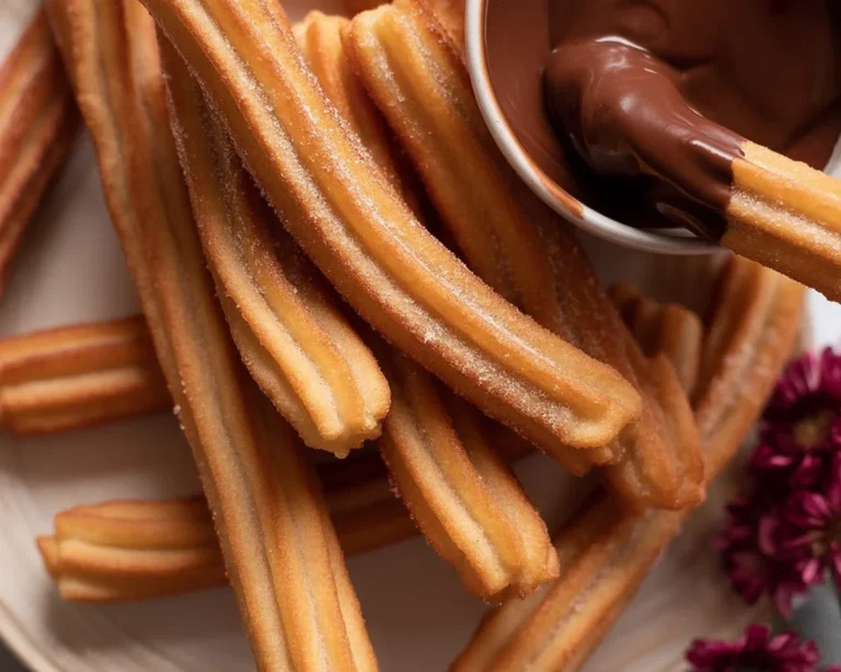 Delicious homemade churros coated in cinnamon sugar and served with chocolate dipping sauce.