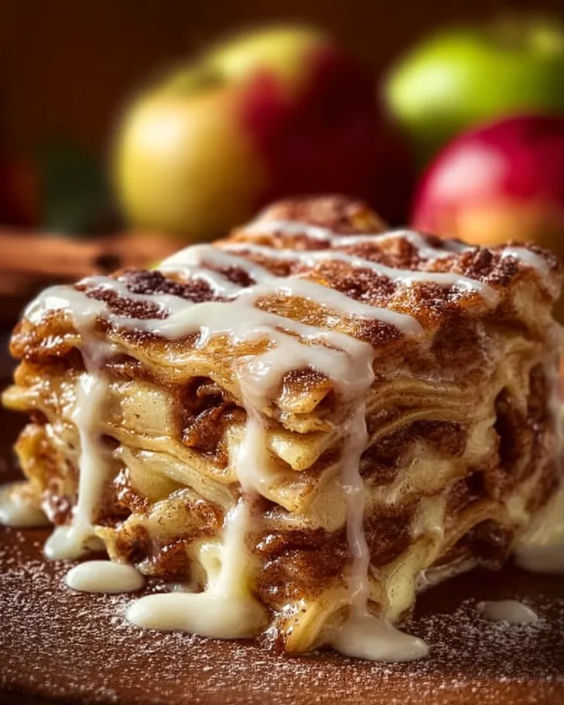 Delicious Cinnamon Roll Apple Lasagna dessert layered with cinnamon and apples.