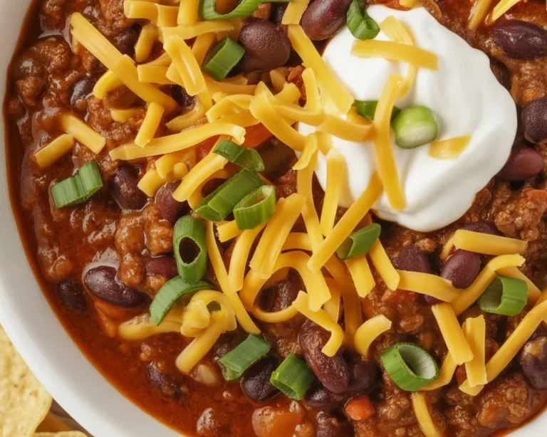 Delicious beef chili made with ground beef, beans, and spices in a rich tomato sauce.