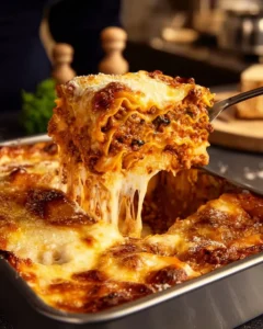 Delicious classic beef lasagna with layers of pasta, ground beef, and cheese