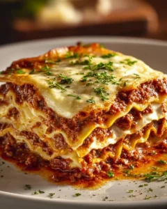 Delicious classic Bolognese lasagna with layers of meat, pasta, and cheese.
