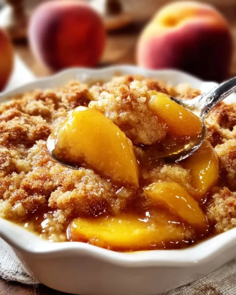 Homemade classic peach cobbler served in a dish with a golden crust.