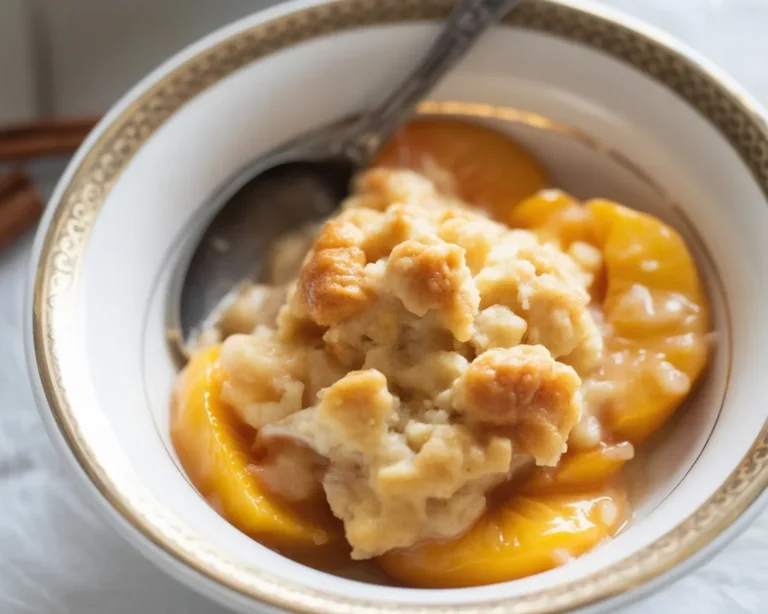 Homemade peach cobbler topped with fresh peaches and buttery topping.