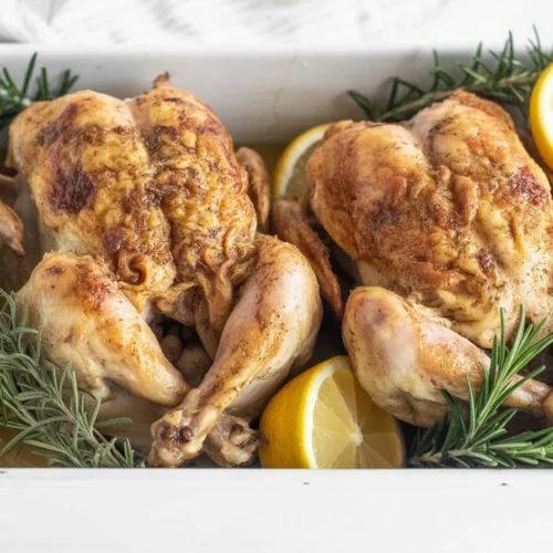 Roasted Cornish hens garnished with herbs and lemon, served on a festive table.