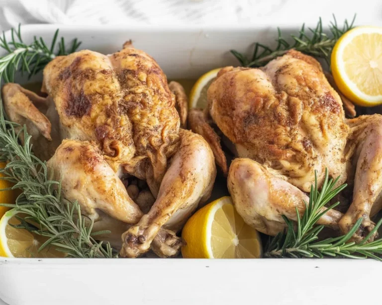 Roasted Cornish hens garnished with herbs and lemon, served on a festive table.