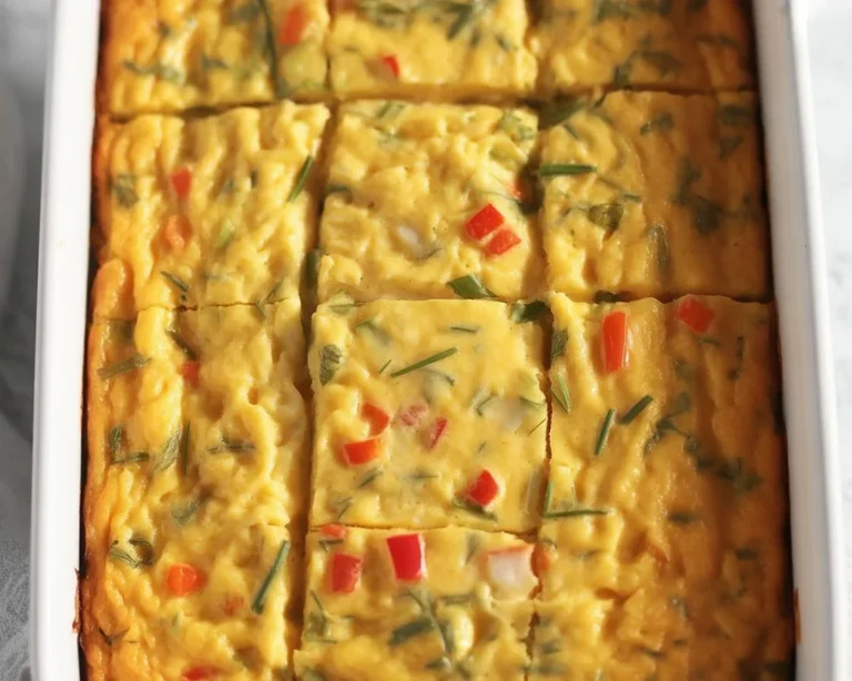 Delicious egg bake casserole topped with cheese and vegetables ready to serve