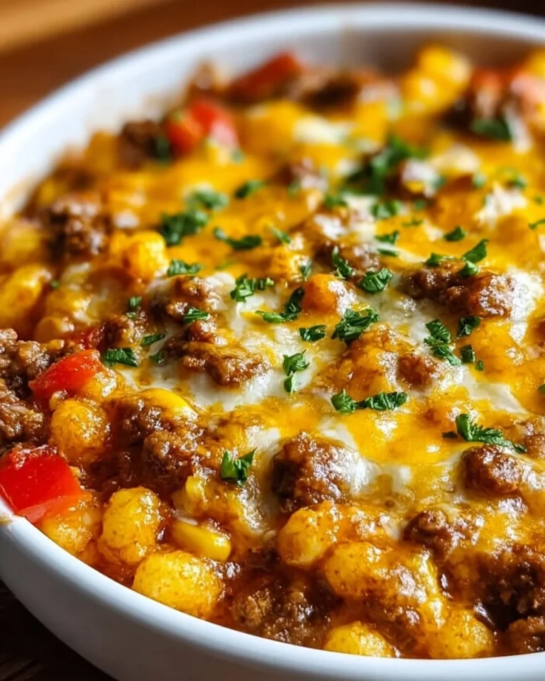 Delicious Cowboy Casserole topped with cheese and crispy bacon in a baking dish.
