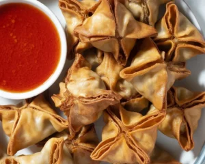 Delicious crispy crab rangoon with cream cheese filling served with sweet and sour sauce.