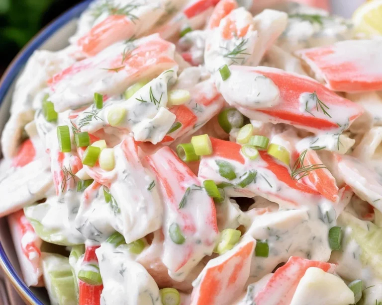 Delicious crab salad recipe with imitation crab, celery, and creamy dressing.