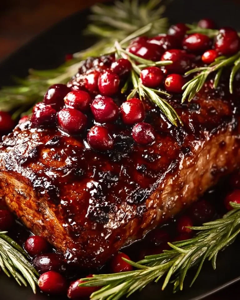 Cranberry Balsamic Glazed Ribeye roast served on a platter