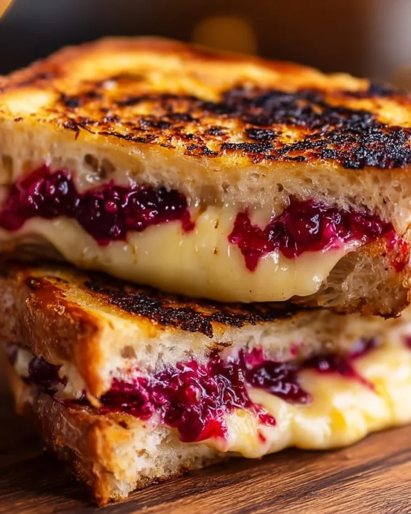 Cranberry Brie Mozzarella grilled sandwich with melted cheese and cranberry sauce